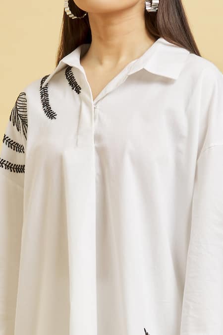 Soha By Harleen And Sona_White Cotton Embroidery Glass Beads Shirt _at_Aza_Fashions