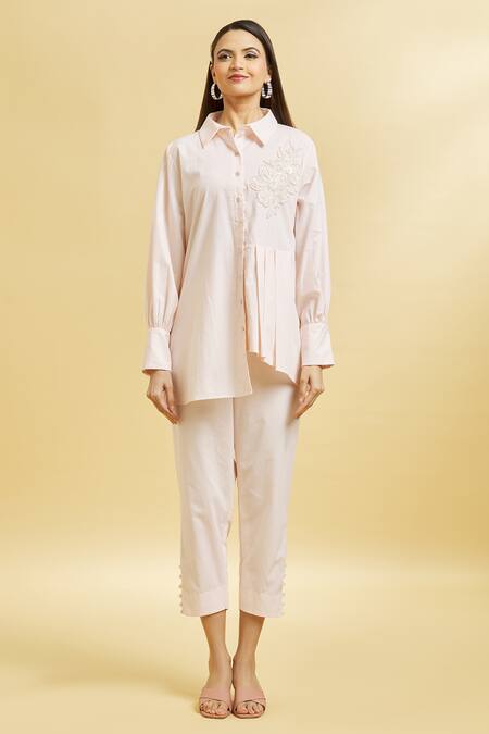 Soha By Harleen And Sona_Peach Cotton Sequins Collared Embroidered Shirt And Cigarette Pant Set _Online_at_Aza_Fashions