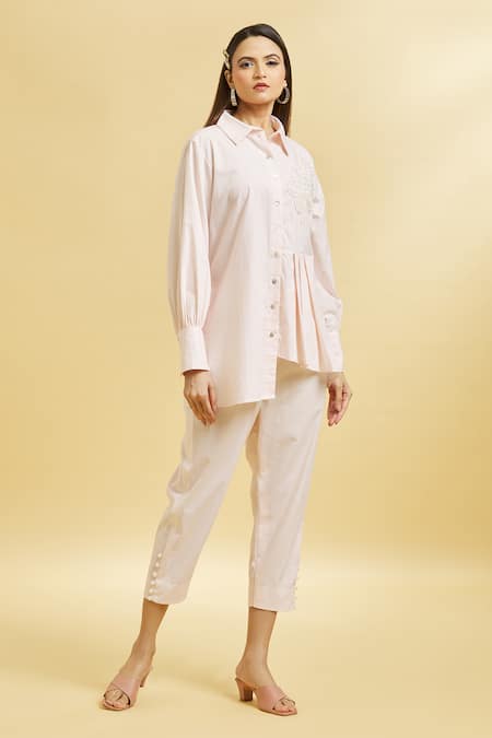 Buy_Soha By Harleen And Sona_Peach Cotton Sequins Collared Embroidered Shirt And Cigarette Pant Set _Online_at_Aza_Fashions