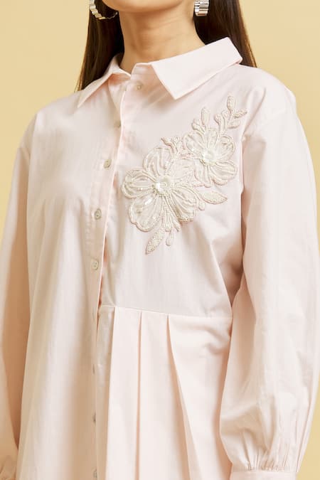Shop_Soha By Harleen And Sona_Peach Cotton Sequins Collared Embroidered Shirt And Cigarette Pant Set _Online_at_Aza_Fashions