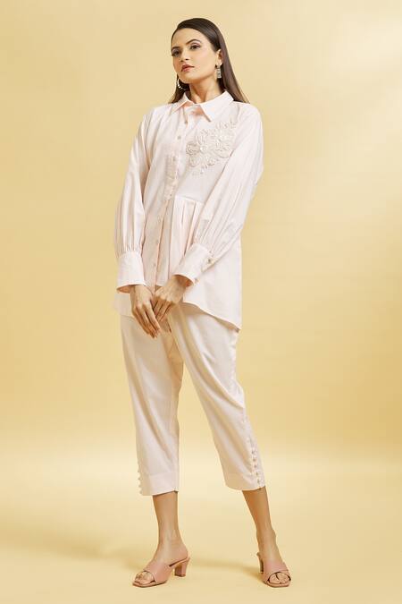 Soha By Harleen And Sona_Peach Cotton Sequins Collared Embroidered Shirt And Cigarette Pant Set _at_Aza_Fashions
