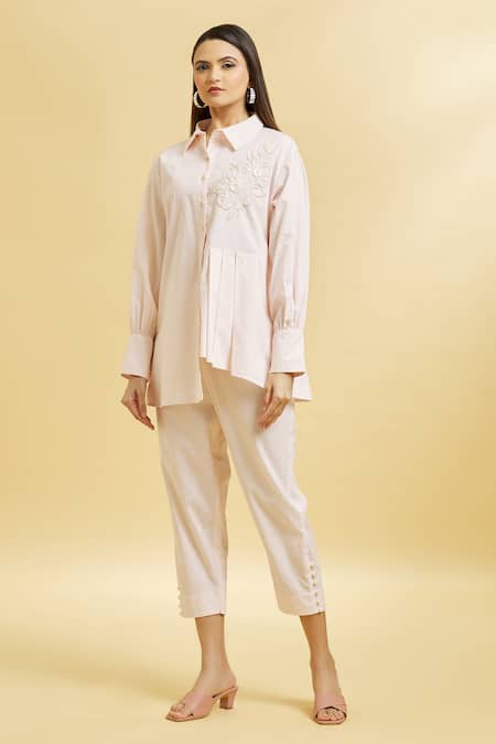 Buy_Soha By Harleen And Sona_Peach Cotton Sequins Shawl Neck Embroidered Shirt _Online_at_Aza_Fashions