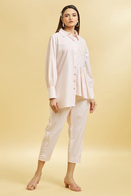 Shop_Soha By Harleen And Sona_Peach Cotton Sequins Shawl Neck Embroidered Shirt _Online_at_Aza_Fashions