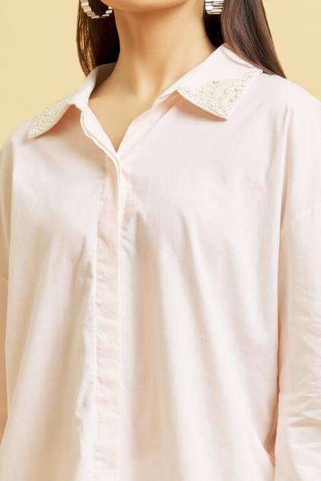 Buy_Soha By Harleen And Sona_Peach Cotton Embroidery, Pearls Shawl Neck Collar Shirt And Cigarette Pant Set _Online_at_Aza_Fashions