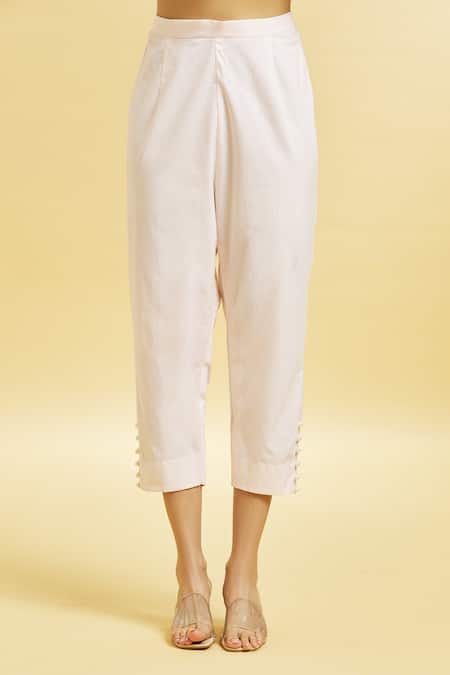 Shop_Soha By Harleen And Sona_Peach Cotton Embroidery, Pearls Shawl Neck Collar Shirt And Cigarette Pant Set _Online_at_Aza_Fashions