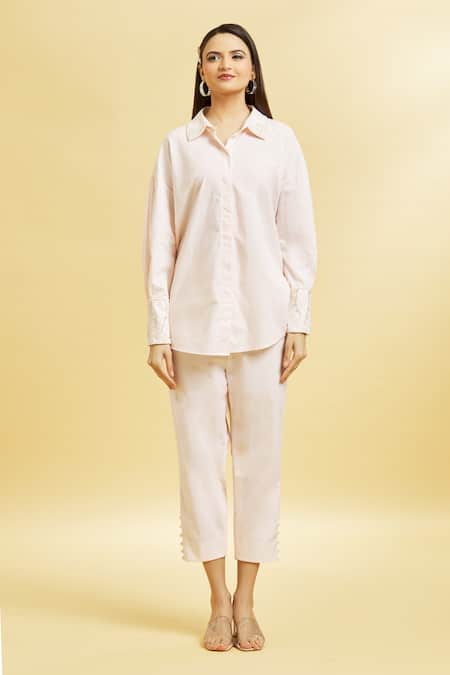 Soha By Harleen And Sona_Peach Cotton Embroidery Shawl Neck Collar Shirt _Online_at_Aza_Fashions