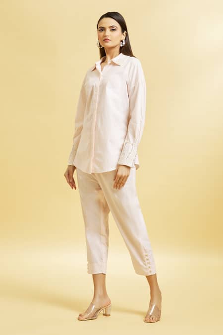 Shop_Soha By Harleen And Sona_Peach Cotton Embroidery Shawl Neck Collar Shirt _Online_at_Aza_Fashions