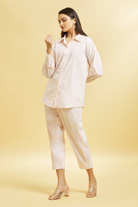 Soha By Harleen And Sona_Peach Cotton Embroidery Shawl Neck Collar Shirt _at_Aza_Fashions