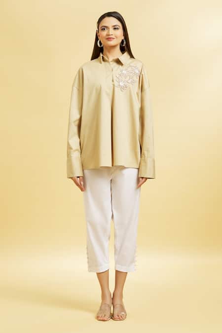 Soha By Harleen And Sona_Brown Cotton Embroidery Patch Shirt _Online_at_Aza_Fashions