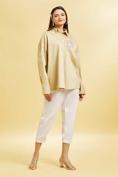 Buy_Soha By Harleen And Sona_Brown Cotton Embroidery Patch Shirt _Online_at_Aza_Fashions