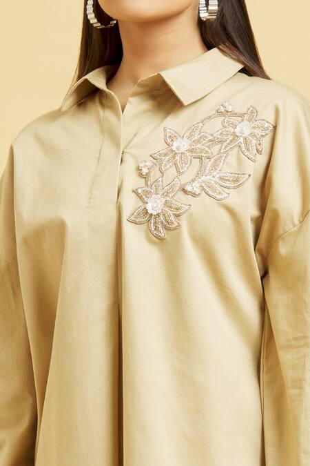 Shop_Soha By Harleen And Sona_Brown Cotton Embroidery Patch Shirt _Online_at_Aza_Fashions