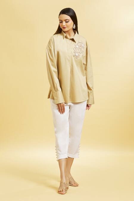 Soha By Harleen And Sona_Brown Cotton Embroidery Patch Shirt _at_Aza_Fashions