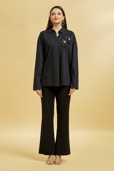 Soha By Harleen And Sona_Black Cotton Embroidery Shawl Neck Patch Shirt And Trouser Set _Online_at_Aza_Fashions