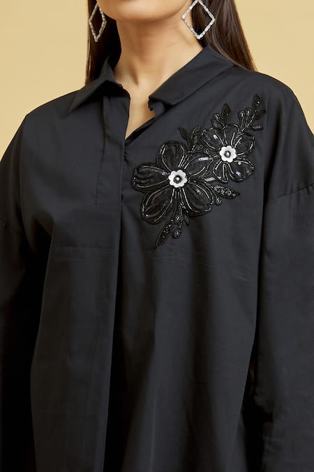 Buy_Soha By Harleen And Sona_Black Cotton Embroidery Shawl Neck Patch Shirt And Trouser Set _Online_at_Aza_Fashions