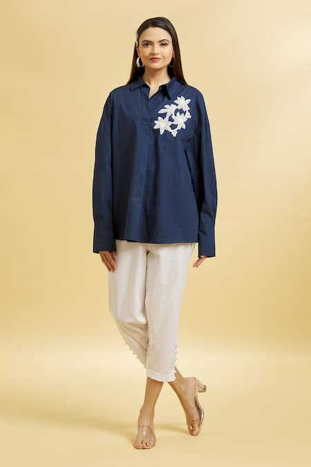 Soha by Harleen and Sona Blue Cotton Embroidered Floral Shirt Collar Patch  