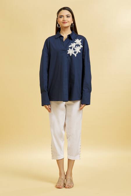 Soha By Harleen And Sona_Blue Cotton Embroidery Shawl Neck Patch Shirt _Online_at_Aza_Fashions