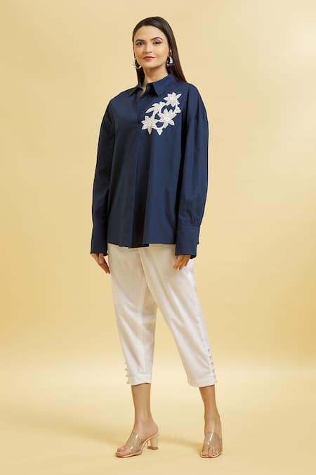 Buy_Soha By Harleen And Sona_Blue Cotton Embroidery Shawl Neck Patch Shirt _Online_at_Aza_Fashions