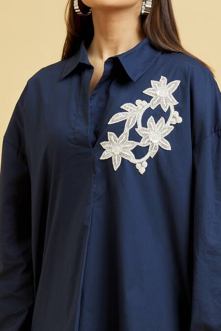 Shop_Soha By Harleen And Sona_Blue Cotton Embroidery Shawl Neck Patch Shirt _Online_at_Aza_Fashions