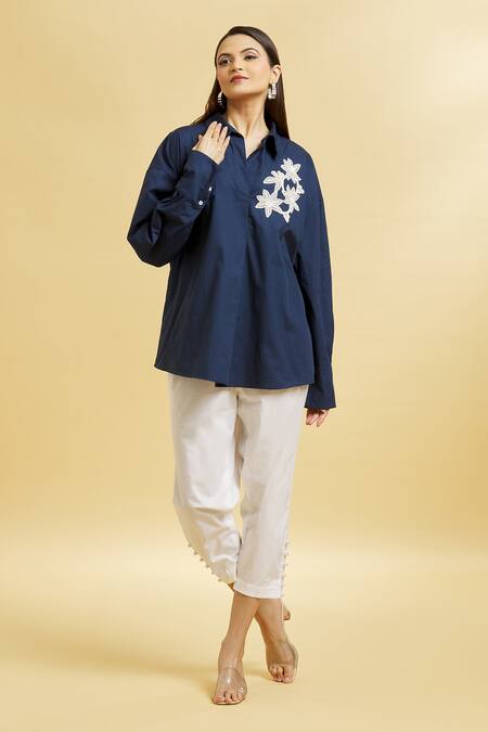 Soha By Harleen And Sona_Blue Cotton Embroidery Shawl Neck Patch Shirt _at_Aza_Fashions