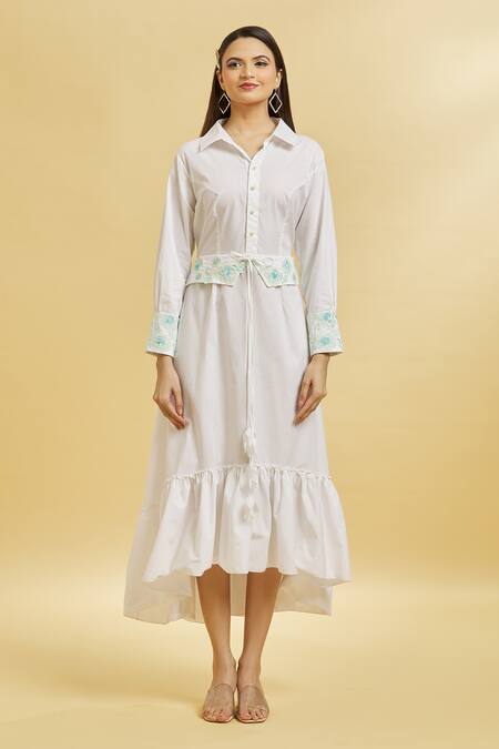 Soha By Harleen And Sona_White Cotton Embroidery Shawl Neck Tiered Dress _Online_at_Aza_Fashions