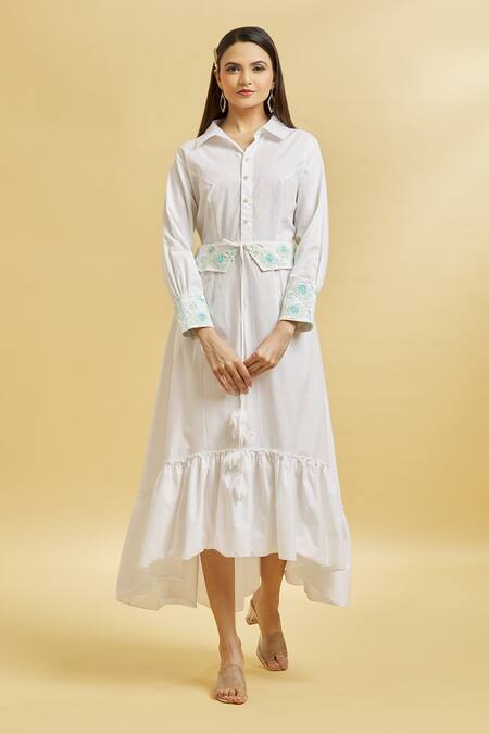 Buy_Soha By Harleen And Sona_White Cotton Embroidery Shawl Neck Tiered Dress _Online_at_Aza_Fashions