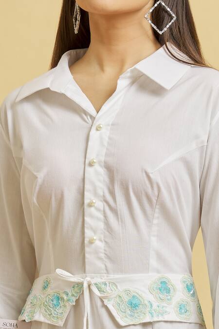 Shop_Soha By Harleen And Sona_White Cotton Embroidery Shawl Neck Tiered Dress _Online_at_Aza_Fashions