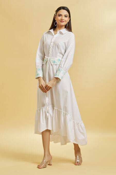 Soha By Harleen And Sona_White Cotton Embroidery Shawl Neck Tiered Dress _at_Aza_Fashions