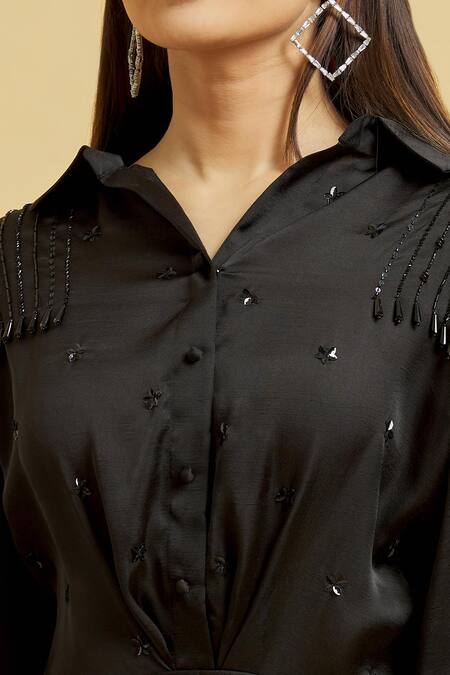 Soha By Harleen And Sona_Black Silk Beads Shawl Neck Embroidered Dress _at_Aza_Fashions