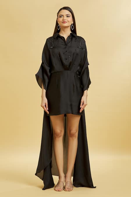 Buy_Soha By Harleen And Sona_Black Silk Beads Shawl Neck Embroidered Dress _Online_at_Aza_Fashions