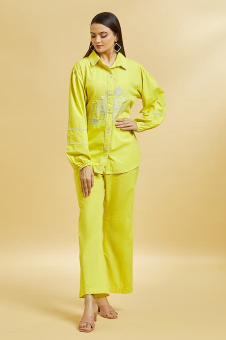 Soha by Harleen and Sona Green Cotton Embroidered Floral Shirt Collar And Flared Pant Set 