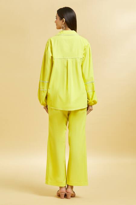 Soha By Harleen And Sona Cotton Embroidered Shirt & Flared Pant Set 