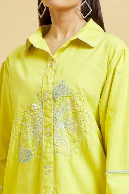 Buy_Soha By Harleen And Sona_Green Cotton Embroidery Shawl Neck Shirt And Flared Pant Set _Online_at_Aza_Fashions