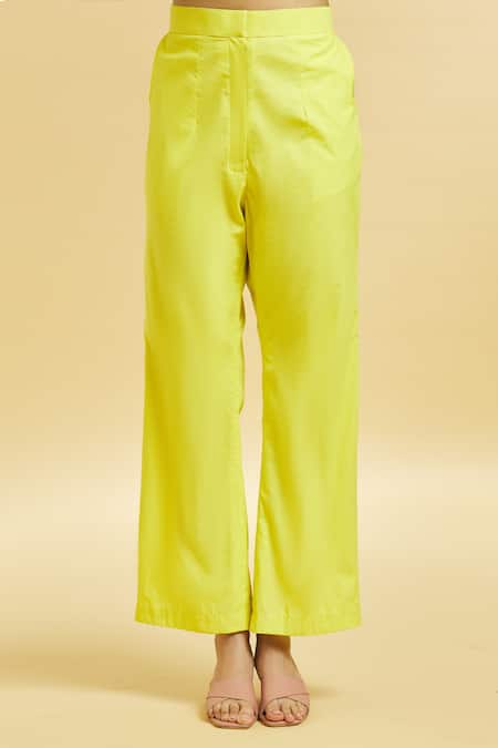 Shop_Soha By Harleen And Sona_Green Cotton Embroidery Shawl Neck Shirt And Flared Pant Set _Online_at_Aza_Fashions