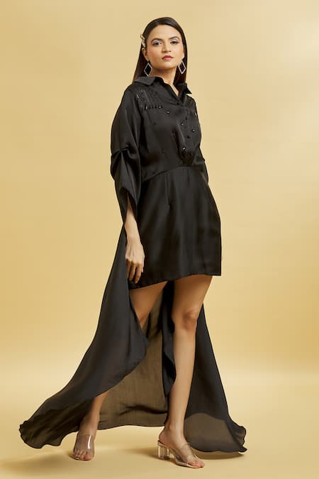 Soha by Harleen and Sona Black Silk Embroidered Beads Shirt Collar Dress  