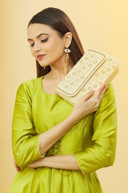 Nazaakat By Samara Singh Cream Pearls Raw Silk Jewel Embellished Clutch at Aza Fashions Nazaakat By Samara Singh_Cream Pearls Raw Silk Jewel Embellished Clutch _at_Aza_Fashions