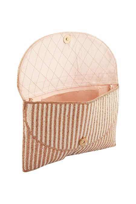 Nazaakat By Samara Singh_Cream Crystals Embellished Striped Clutch _Online_at_Aza_Fashions