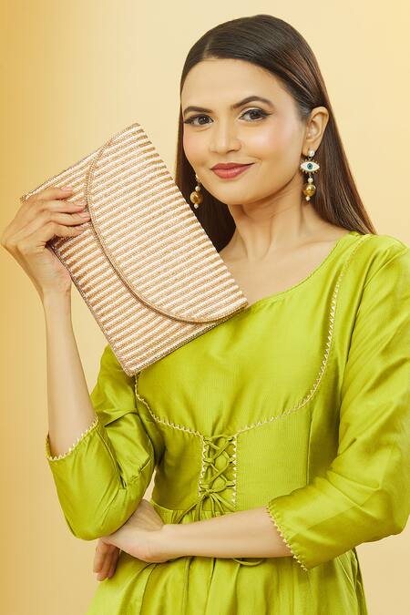 Shop_Nazaakat By Samara Singh_Cream Crystals Embellished Striped Clutch _Online_at_Aza_Fashions