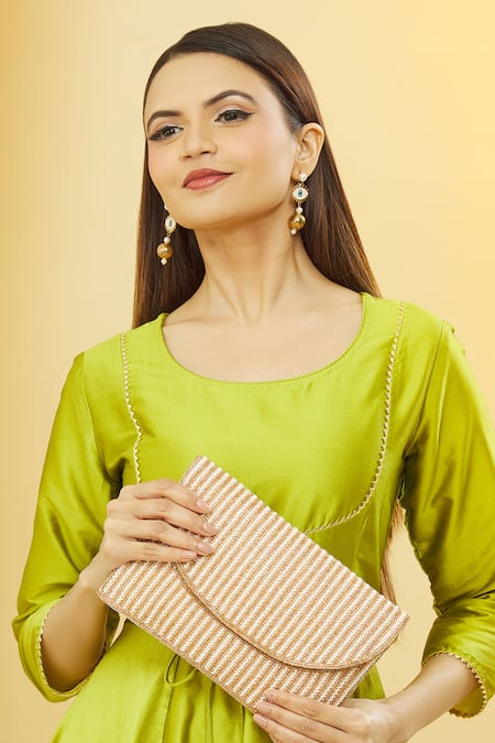 Nazaakat By Samara Singh_Cream Crystals Embellished Striped Clutch _at_Aza_Fashions