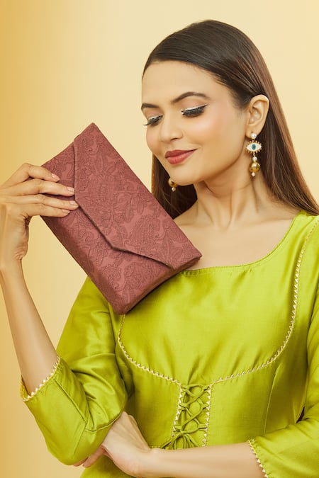 Shop_Nazaakat By Samara Singh_Pink Embroidery Floral Embossed Clutch _Online_at_Aza_Fashions