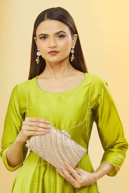 Shop_Nazaakat By Samara Singh_Pink Stones Jewel Stripe Pattern Embellished Clutch _Online_at_Aza_Fashions