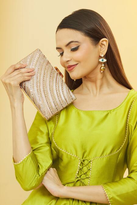 Nazaakat By Samara Singh_Pink Stones Jewel Stripe Pattern Embellished Clutch _at_Aza_Fashions