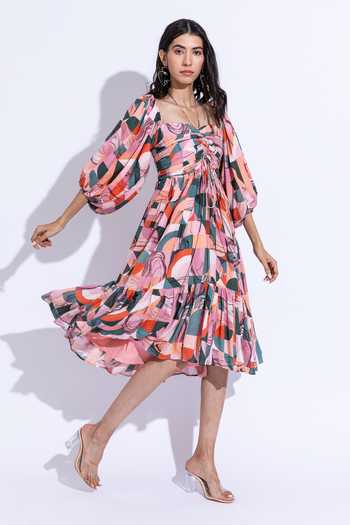 Aroop Shop India_Multi Color Cotton, Silk Halter Neck Daisy Azalea Print Dress _Online_at_Aza_Fashions