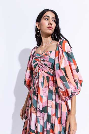 Shop_Aroop Shop India_Multi Color Cotton, Silk Halter Neck Daisy Azalea Print Dress _Online_at_Aza_Fashions