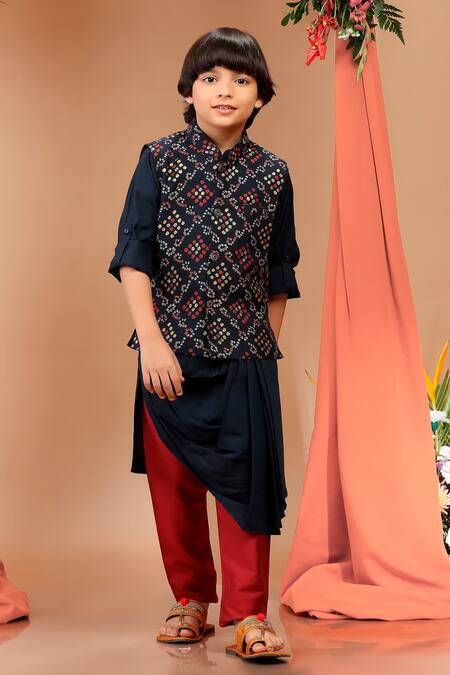 Buy Kora By Nilesh Mitesh Blue Silk Bandhej Print Kurta Set With Draped Bundi at Aza Fashions Buy_Kora By Nilesh Mitesh_Blue Silk Bandhej Print Kurta Set With Draped Bundi_at_Aza_Fashions