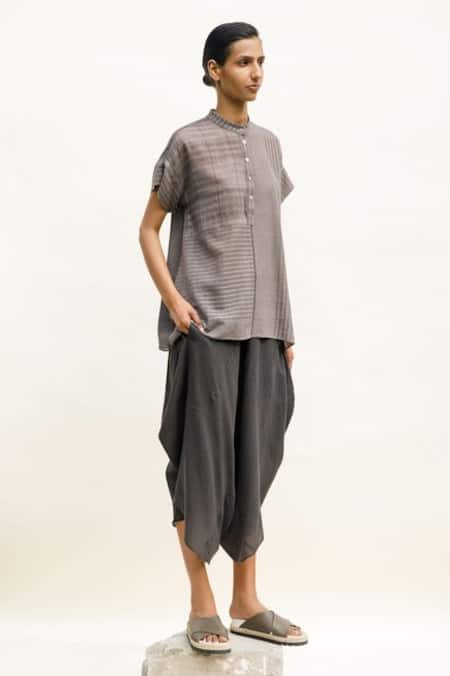 Urvashi Kaur Grey Handloom Cotton Mandarin Collar Nova Stripe Pattern Top