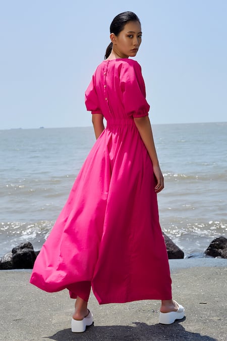 Shop MATI_1 Pink Cotton Boat Neck Sphara Drop Crotch Bottom Jumpsuit at Aza Fashions Shop_MATI_1_Pink Cotton Boat Neck Sphara Drop Crotch Bottom Jumpsuit _at_Aza_Fashions