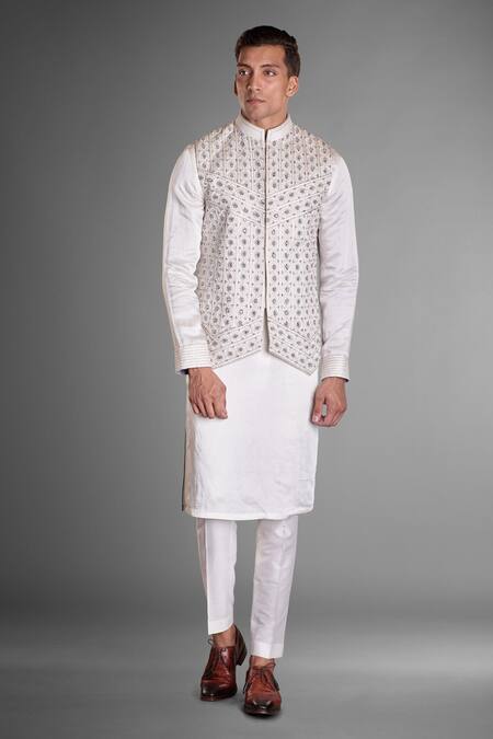 More Mischief White Silk, Linen, Cotton Satin Zari, Embroidery, Floral Bundi Kurta Set