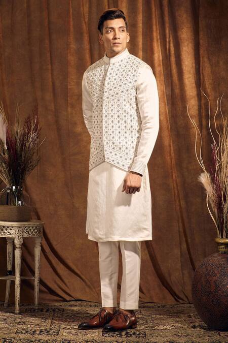 More Mischief_White Silk, Linen, Cotton Satin Zari, Embroidery, Floral Bundi Kurta Set_Online_at_Aza_Fashions
