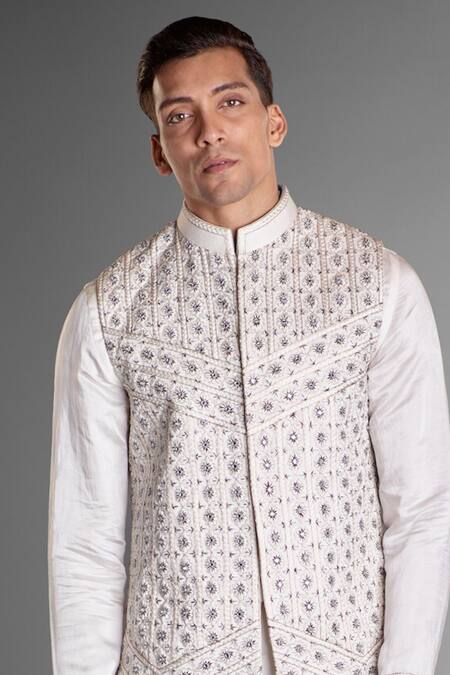 Buy_More Mischief_White Silk, Linen, Cotton Satin Zari, Embroidery, Floral Bundi Kurta Set_Online_at_Aza_Fashions
