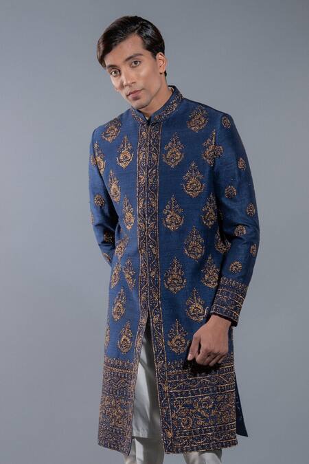 Shop More Mischief Blue Silk Embroidery Floral Raw Sherwani at Aza Fashions Shop_More Mischief_Blue Silk Embroidery Floral Raw Sherwani_at_Aza_Fashions